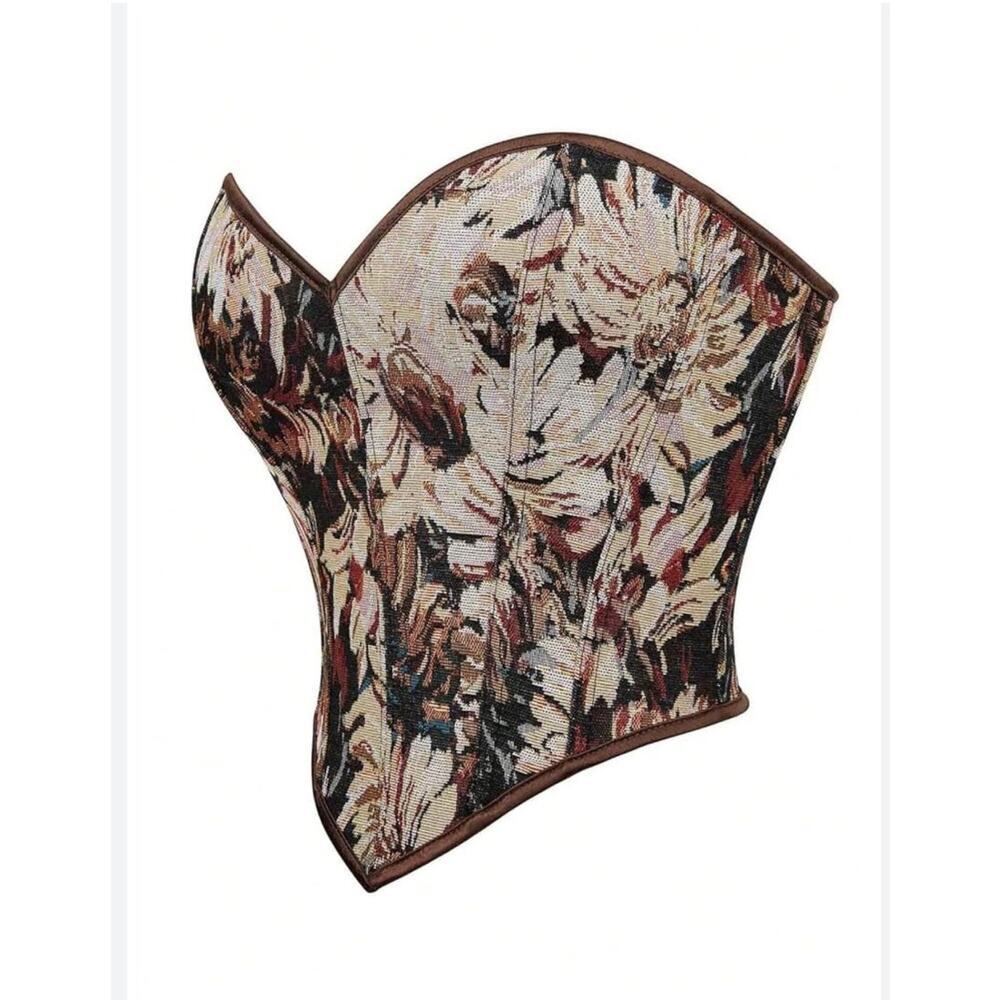Floral Tapestry Strapless Corset Top in Brown and Cream